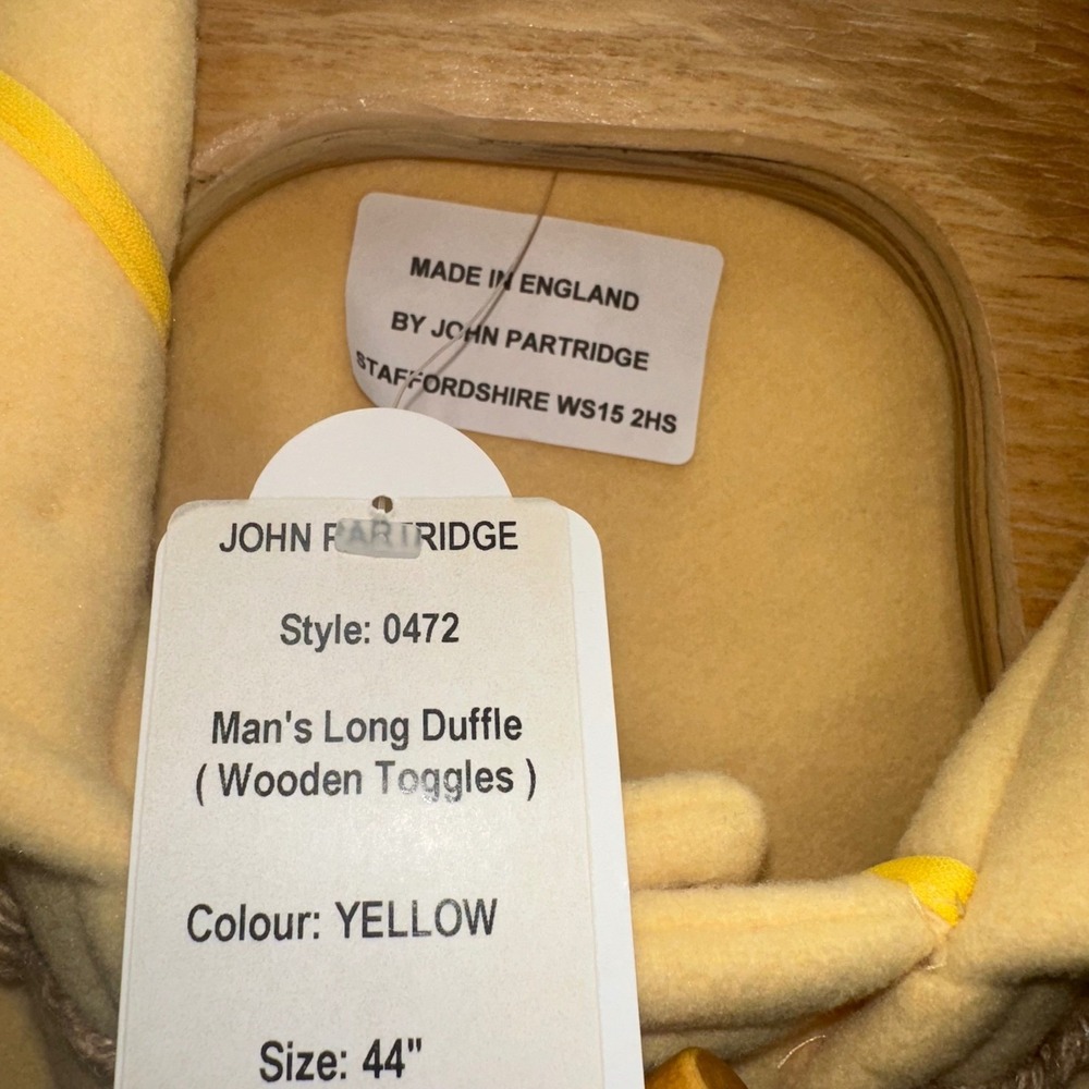 John Partridge Men's Long Duffle Coat Yellow Wool Toggle Made in England Size 44 - Picture 3 of 15